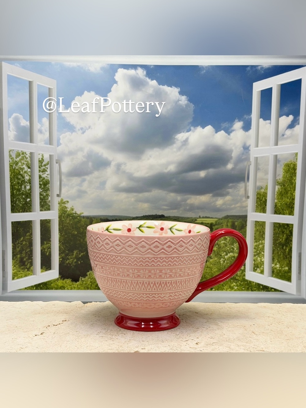 Pink Ceramic Latte Mug Potter's Studio Fair Isle Pattern Large Coffee Cup 14 oz - Picture 3 of 11
